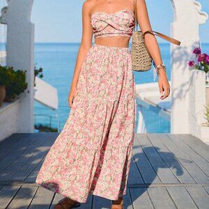 Pink Boho Women's Woven Printed Crop Top & High Waisted Skirt Set